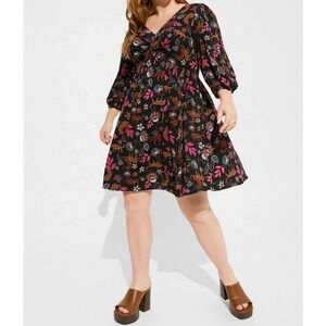 New Torrid Mini Dress Slub Rayon Black Leopard Floral Twist Front Puff Boho 2 2X
